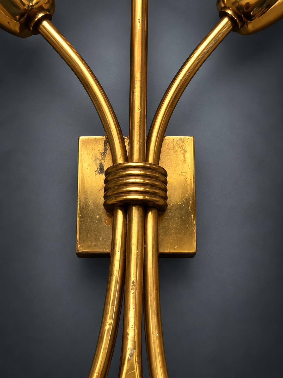Pair of Three-Light Brass and Opal Glass Wall Sconces, 1950s/60s — European