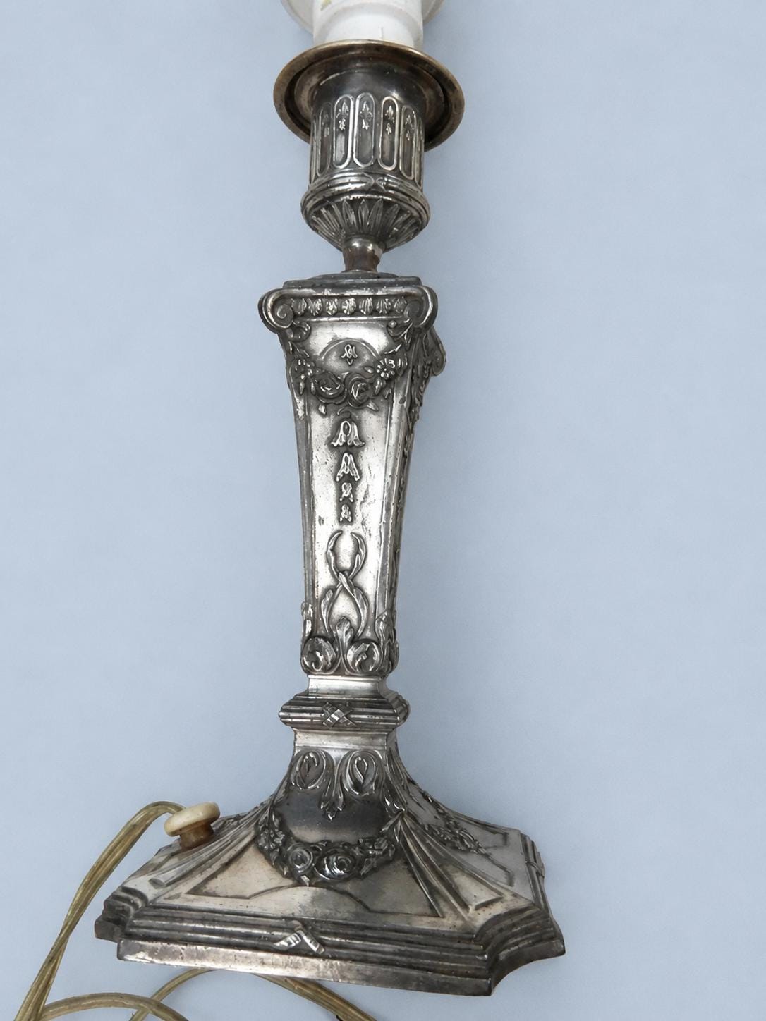 Vintage Louis XVI Style Silver-Tone Candlestick Lamp with Ribbon Garlands and Embroidered White Shade
