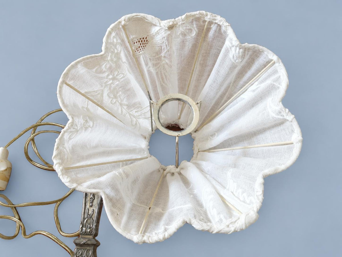 Vintage Louis XVI Style Silver-Tone Candlestick Lamp with Ribbon Garlands and Embroidered White Shade