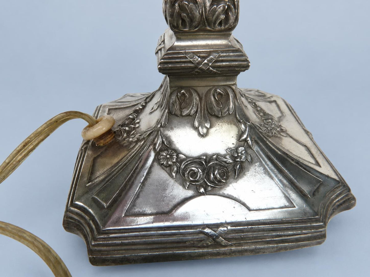 Vintage Louis XVI Style Silver-Tone Candlestick Lamp with Ribbon Garlands and Embroidered White Shade