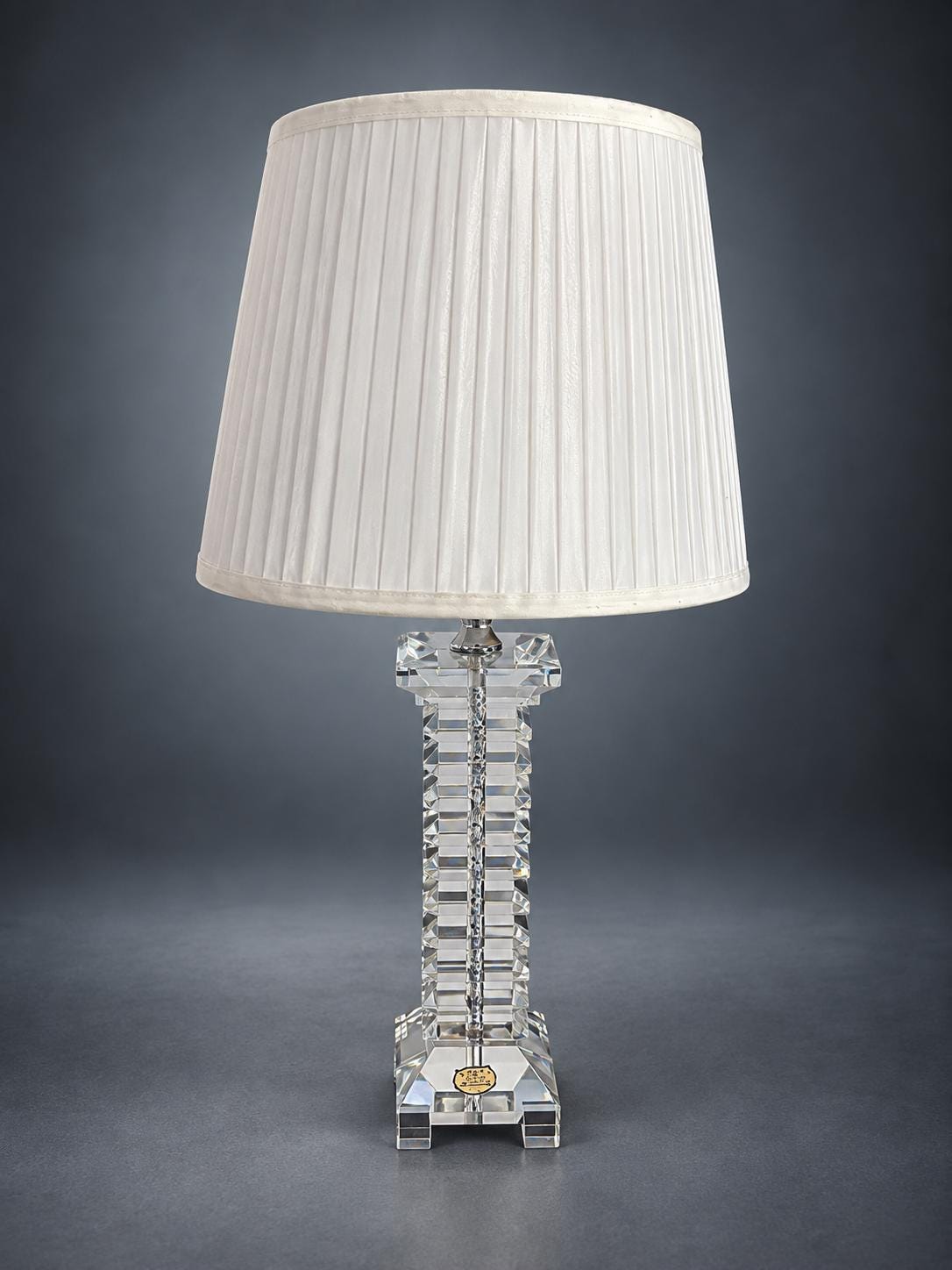 Faceted Glass Table Lamp, Stacked Block Column, Square Stepped Base