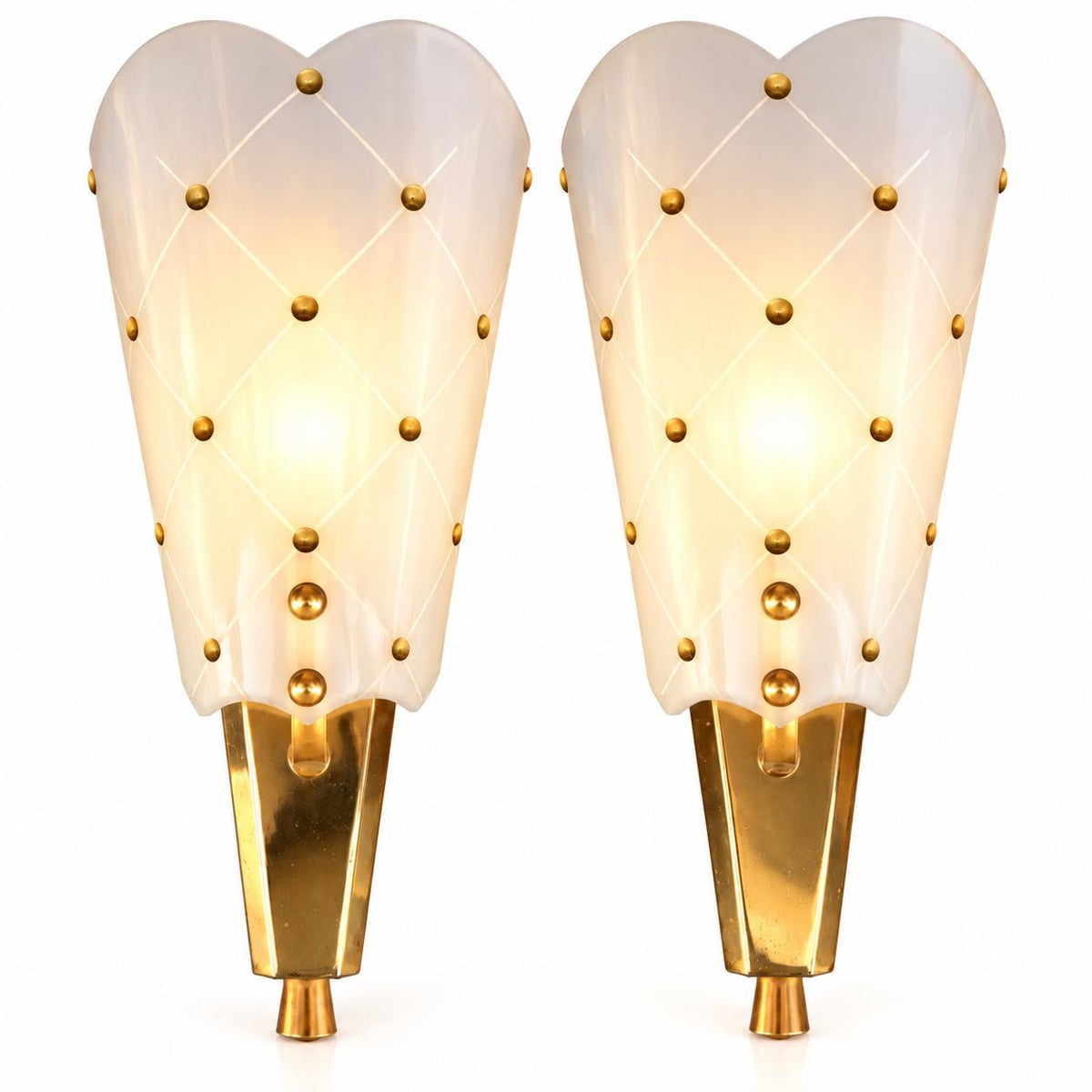 Pair of Black Metal and Brass Wall Sconces, Quilted White Diffuser Shields, 1960s/70s