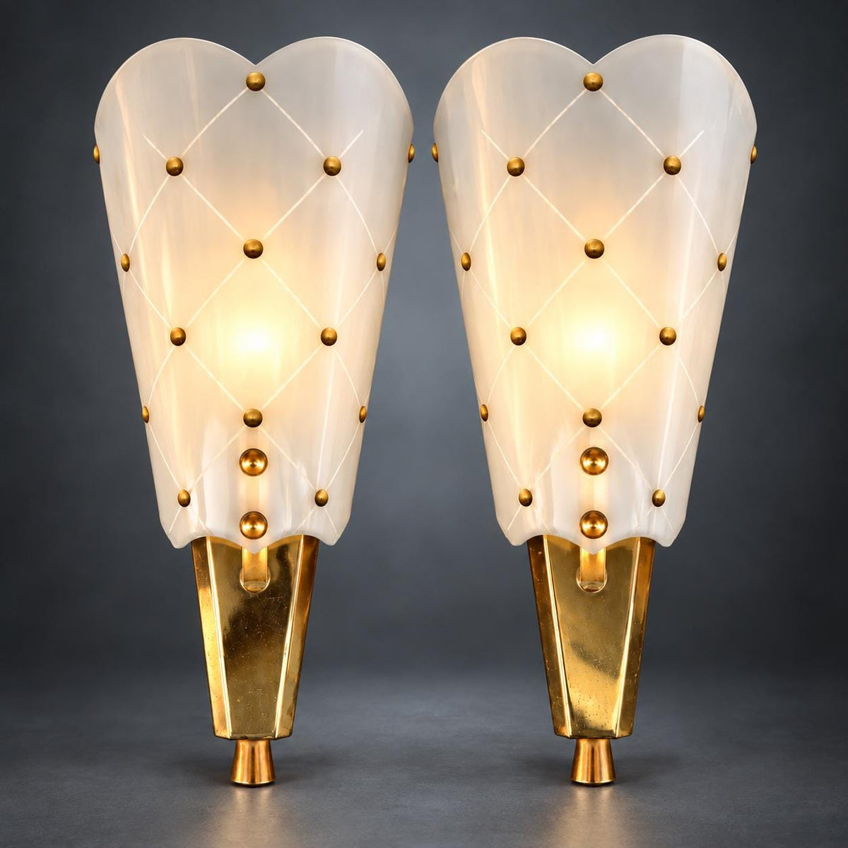 Pair of Black Metal and Brass Wall Sconces, Quilted White Diffuser Shields, 1960s/70s