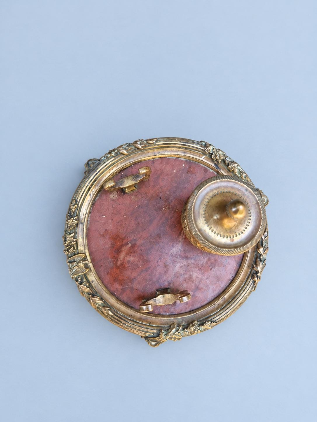 Antique Louis XVI Style Inkwell, Red Marble Circular Tray with Gilt-Tone Metal Urn and Two Pen Rests