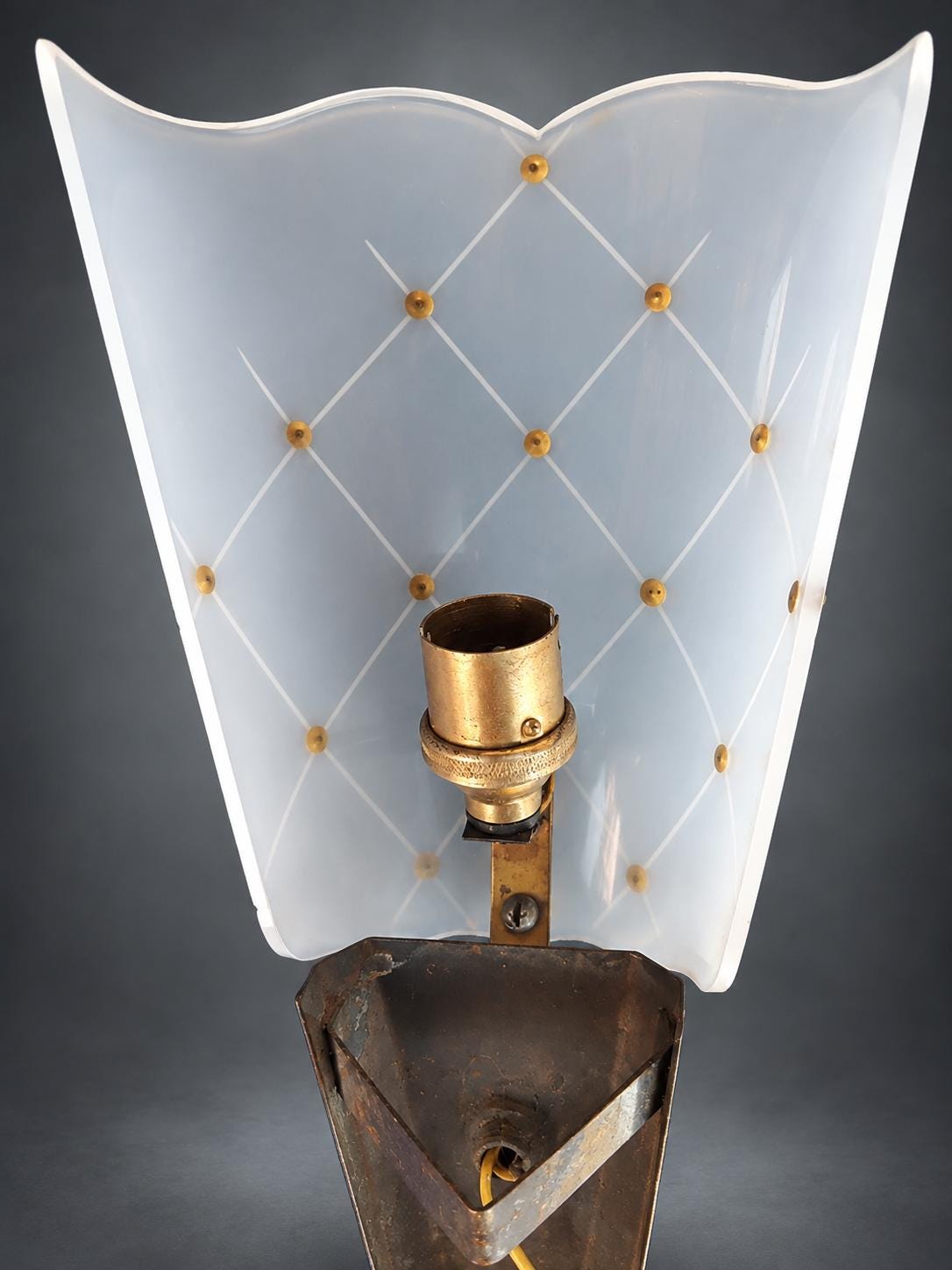 Pair of Black Metal and Brass Wall Sconces, Quilted White Diffuser Shields, 1960s/70s
