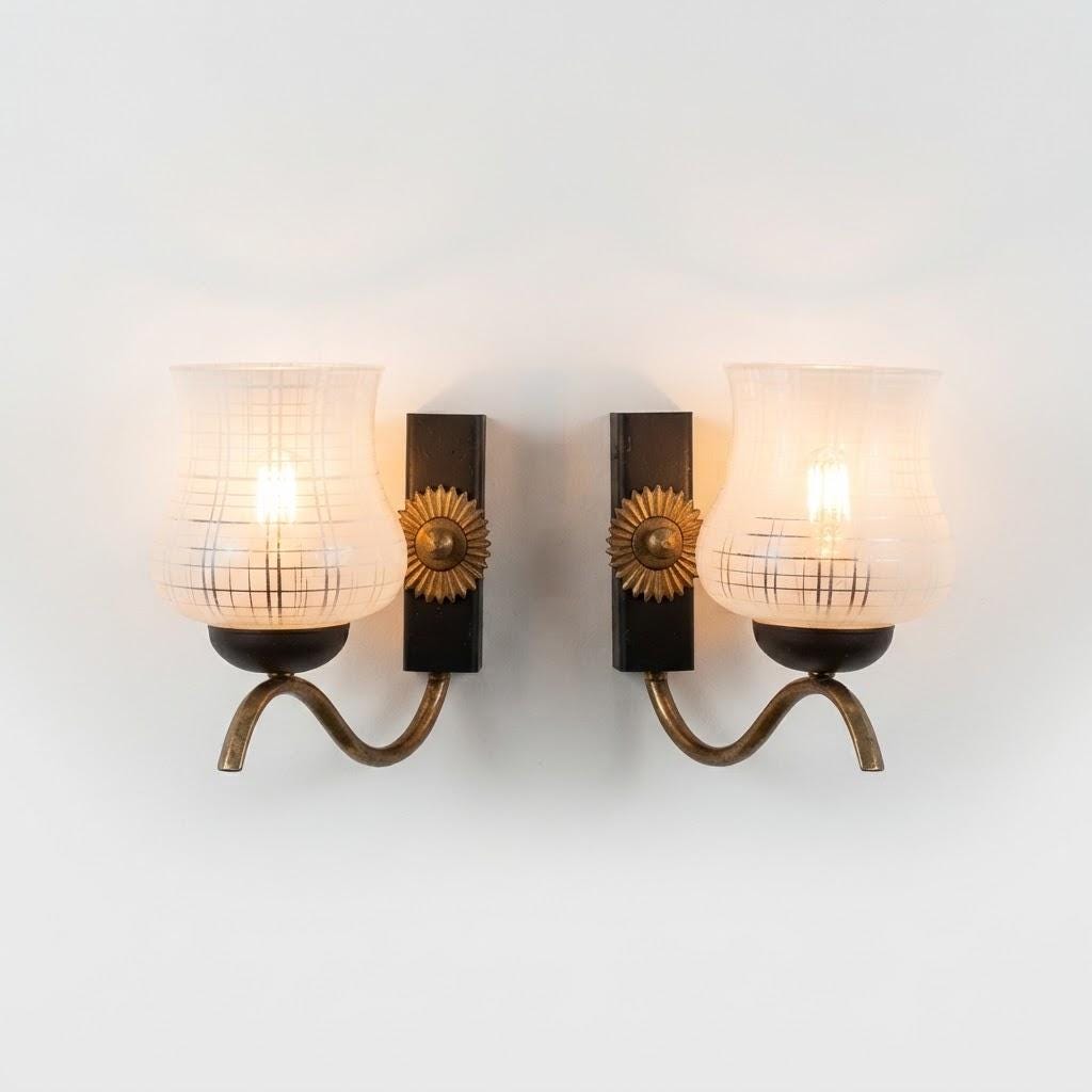 Pair of Gilt Brass Wall Sconces, Sunburst Mounts with Patterned Glass Shades, 1950s