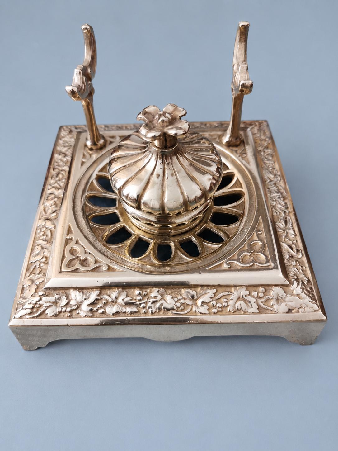 Vintage Gothic Revival Style Brass-Tone Square Desk Inkwell with Grapevine Border and Pen Rests