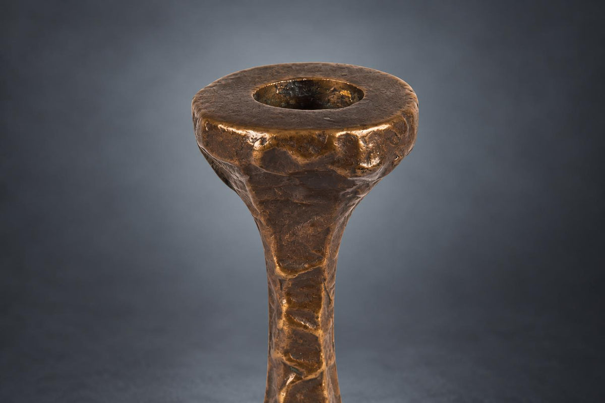 Brutalist Cast Metal Candlestick, Patinated and Gilt Finish