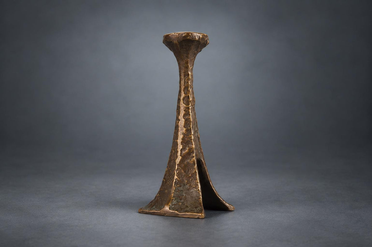 Brutalist Cast Metal Candlestick, Patinated and Gilt Finish