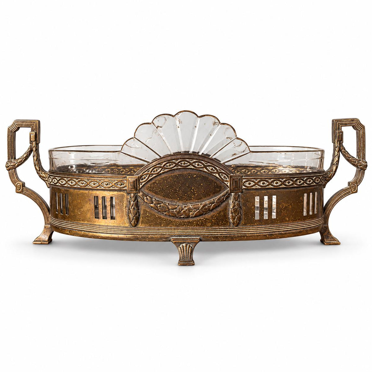 Vintage Neoclassical Style Silver-Tone Oval Jardinière Centrepiece with Laurel Cartouche, Pierced Sides and Fan-Shaped Cut Glass Liner