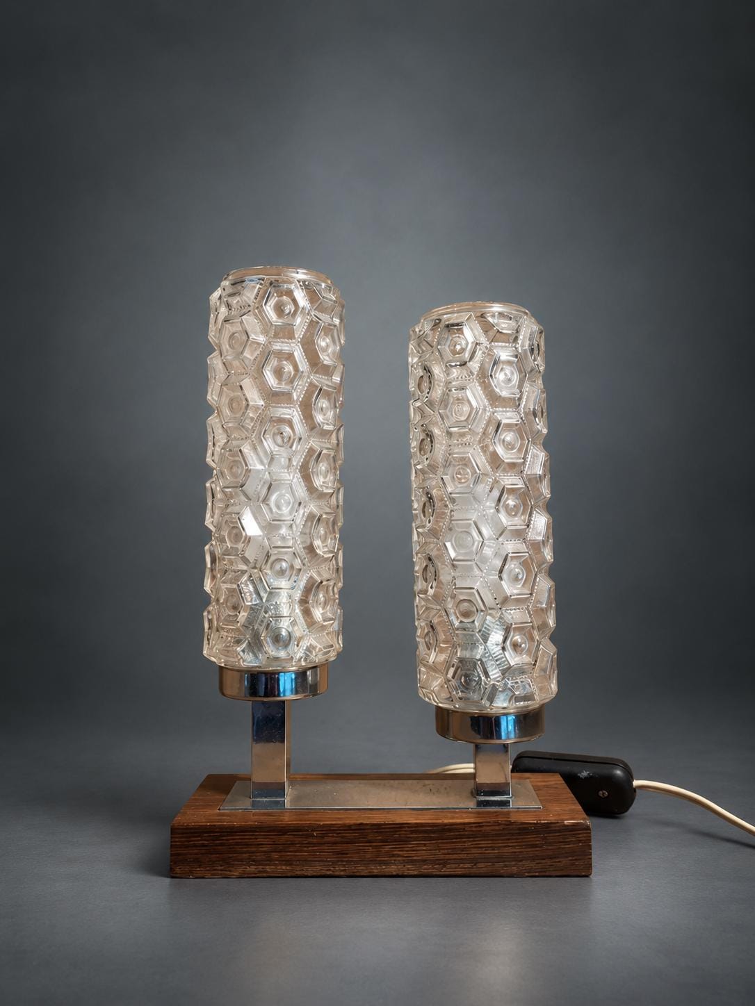 Space Age Double Table Lamp, Twin Textured Glass Cylinders, Chrome-Finish Stems, Wood Base, Mid-Century Modern Twin Light
