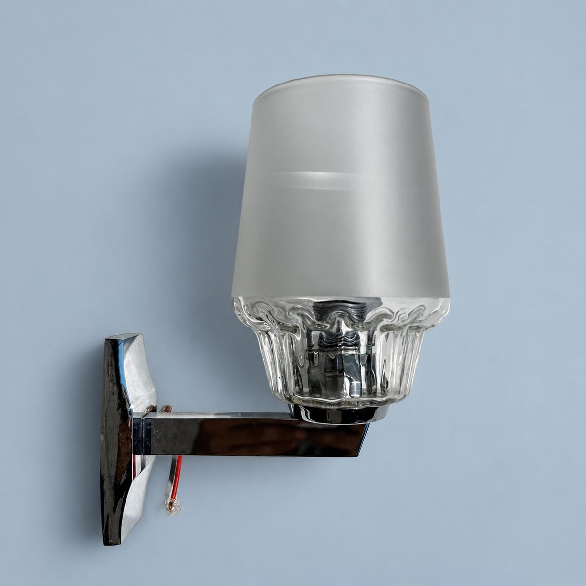 Mid-Century Chrome Wall Sconces, Pair, Frosted and Clear Fluted Glass Shades, Rectangular Arms