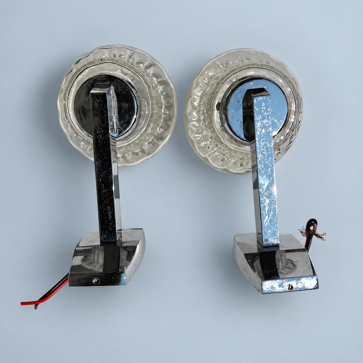 Mid-Century Chrome Wall Sconces, Pair, Frosted and Clear Fluted Glass Shades, Rectangular Arms