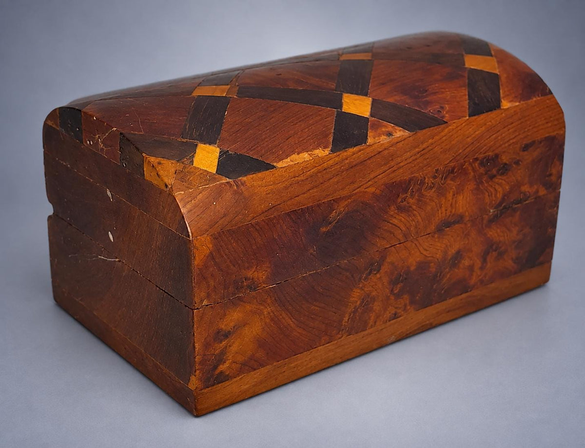 Vintage Burl Wood Marquetry Box, Domed Geometric Inlaid Lid, Miniature Jewellery Keepsake Box, 9.4 cm