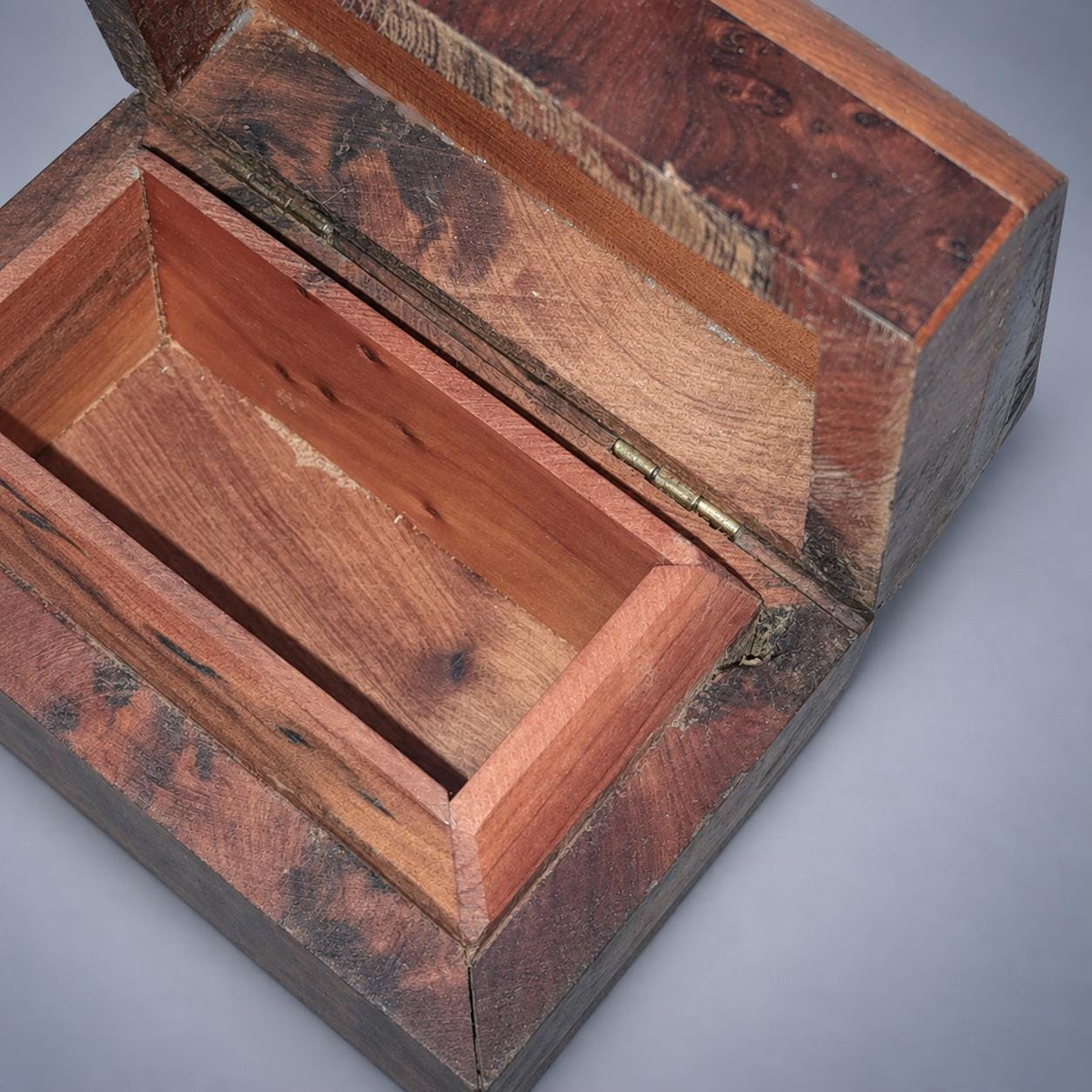 Vintage Burl Wood Marquetry Box, Domed Geometric Inlaid Lid, Miniature Jewellery Keepsake Box, 9.4 cm