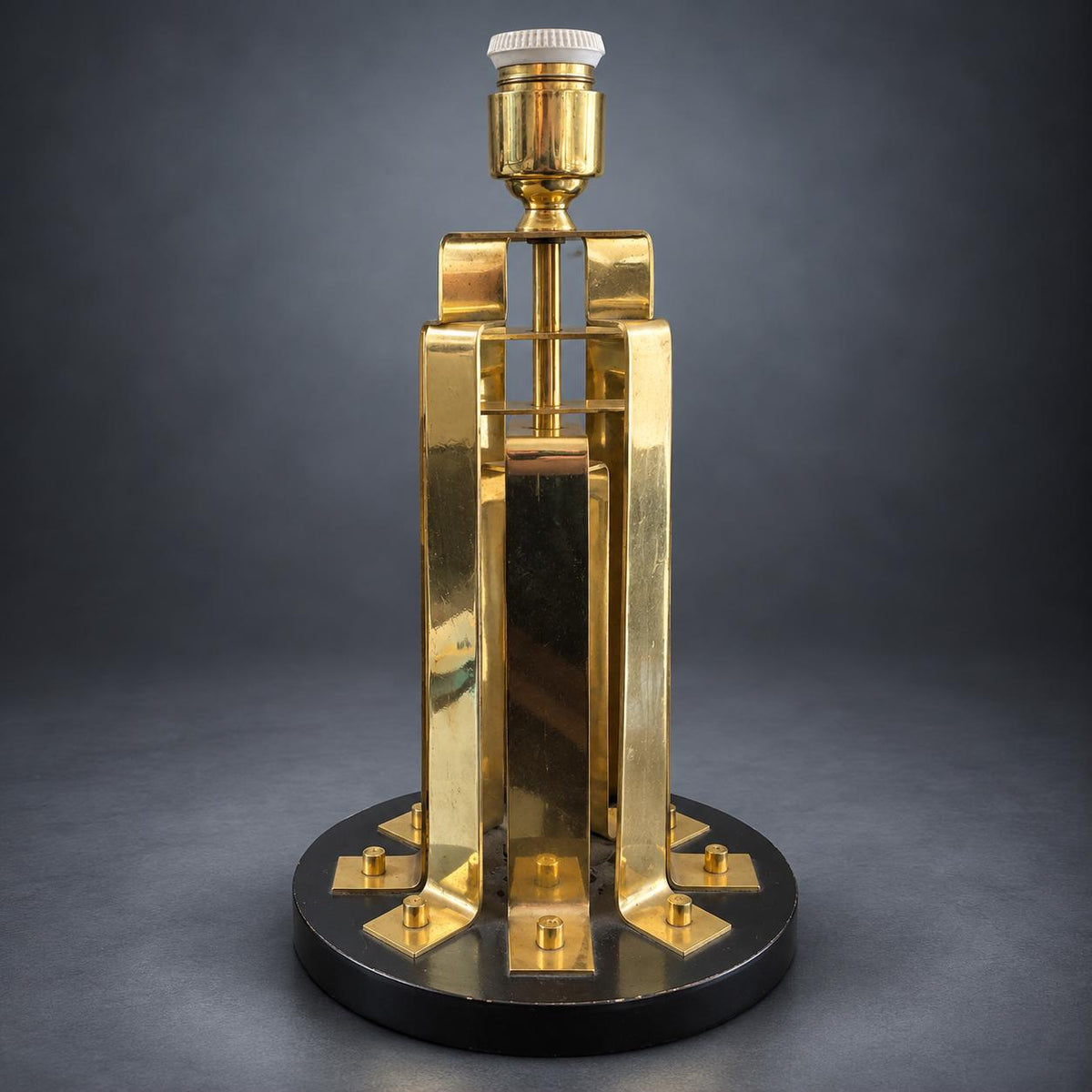 Gold-Tone Metal Table Lamp, Folded Strip Column with Bolted Feet, Round Black Base, Hollywood Regency Industrial Design