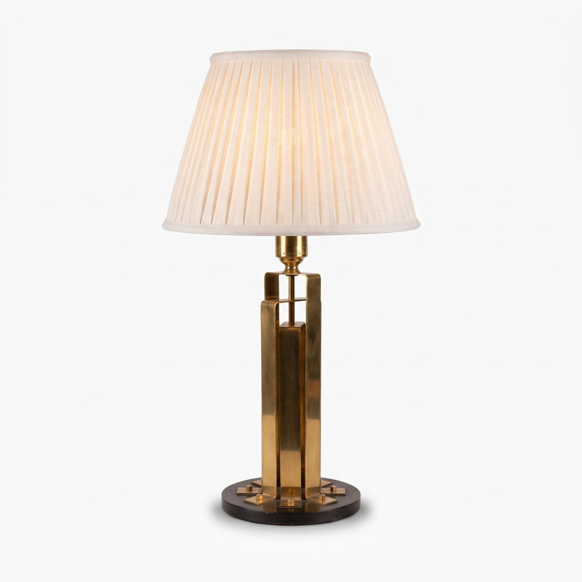 Gold-Tone Metal Table Lamp, Folded Strip Column with Bolted Feet, Round Black Base, Hollywood Regency Industrial Design