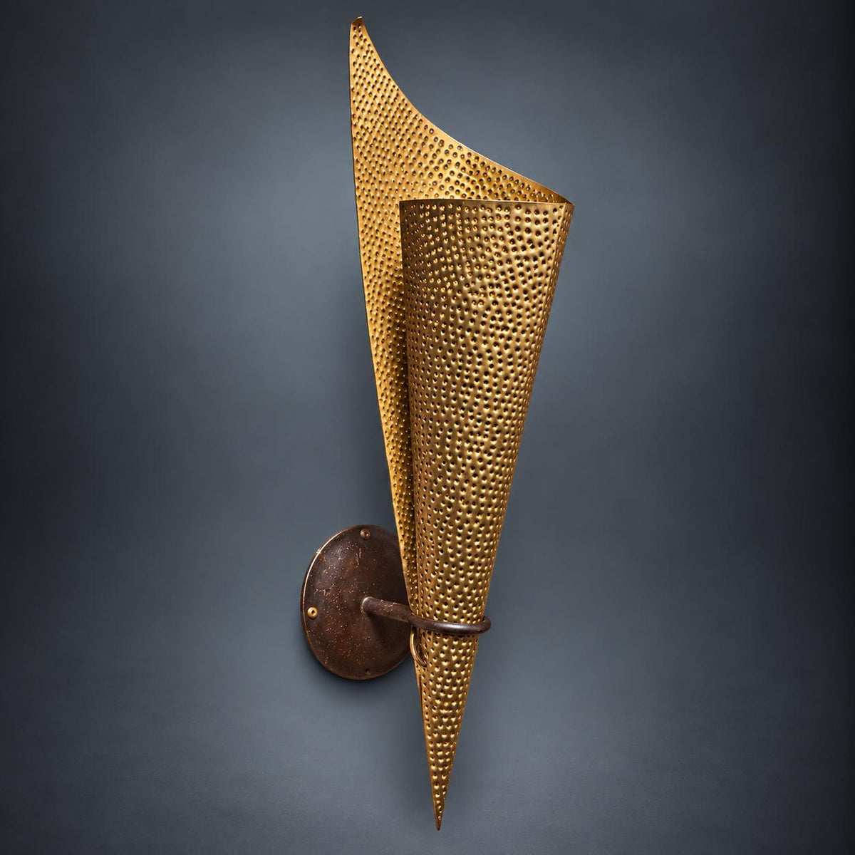 Pair of Perforated Cone Wall Sconces, Gold-Tone Pierced Metal Shades, Dark Metal Backplates, Sculptural Wall Lights