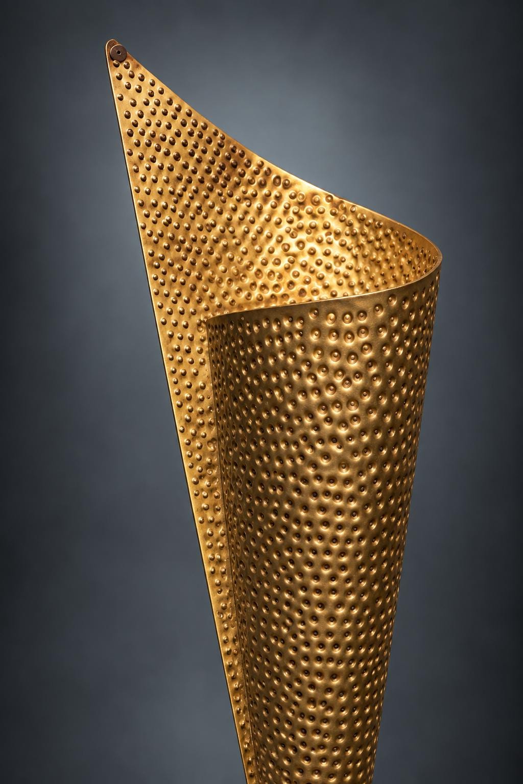 Pair of Perforated Cone Wall Sconces, Gold-Tone Pierced Metal Shades, Dark Metal Backplates, Sculptural Wall Lights