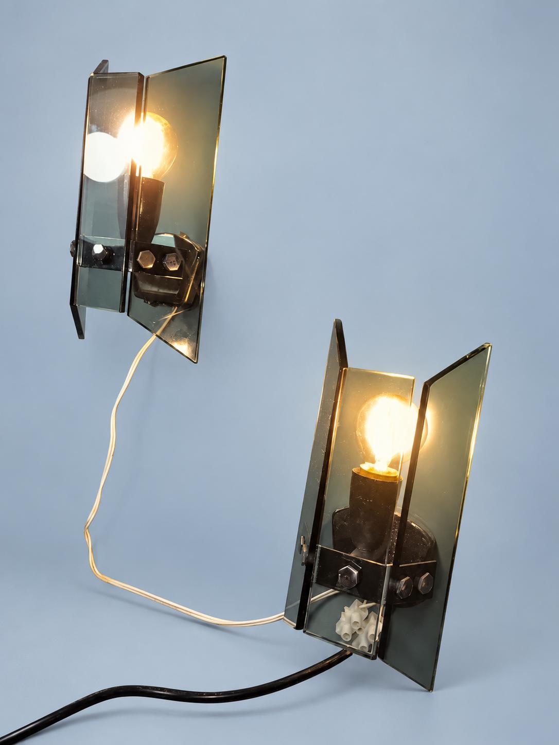 Pair of 1970s Smoked Glass Wall Sconces, Rectangular Panels and Steel Frames, Veca Attributed