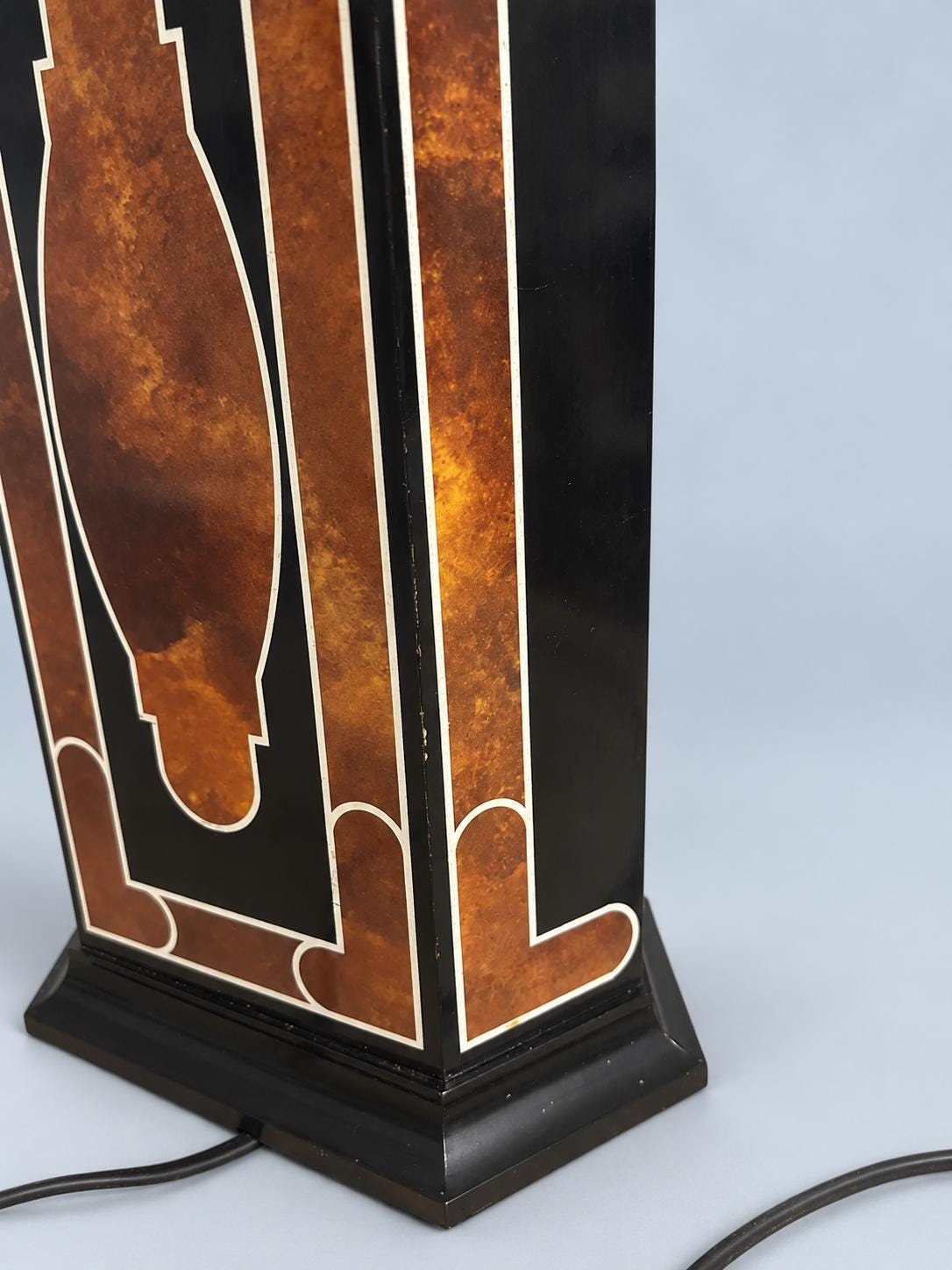 Vintage Hollywood Regency Style Lacquered Table Lamp, Attributed 1970s, Black and Amber Panels, Sold Without Shade, 45 cm