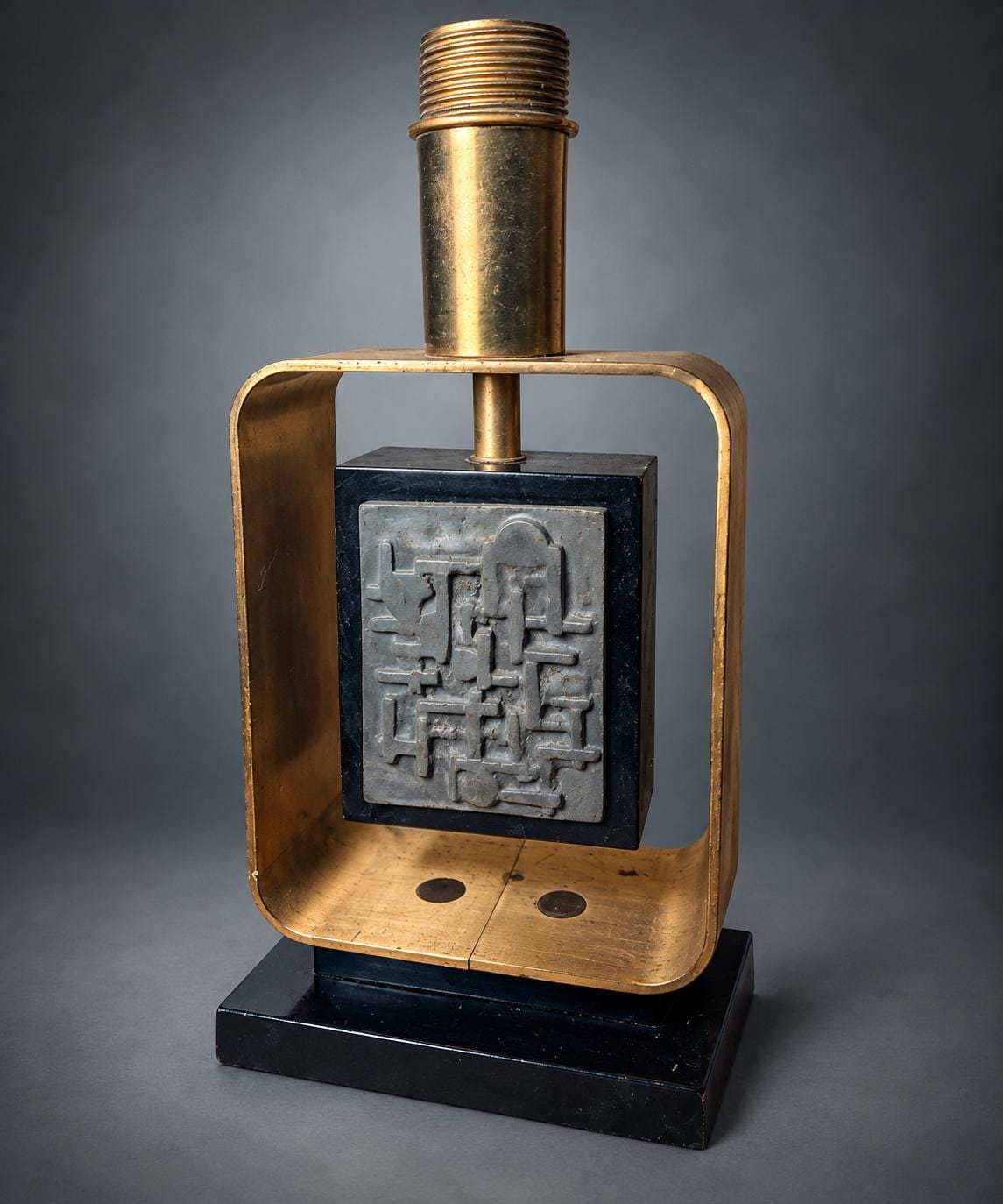 Brutalist Style Table Lamp, Abstract Relief Plaque in Gold-Tone Metal Frame, Black Base, Sculptural Modernist Lamp Base
