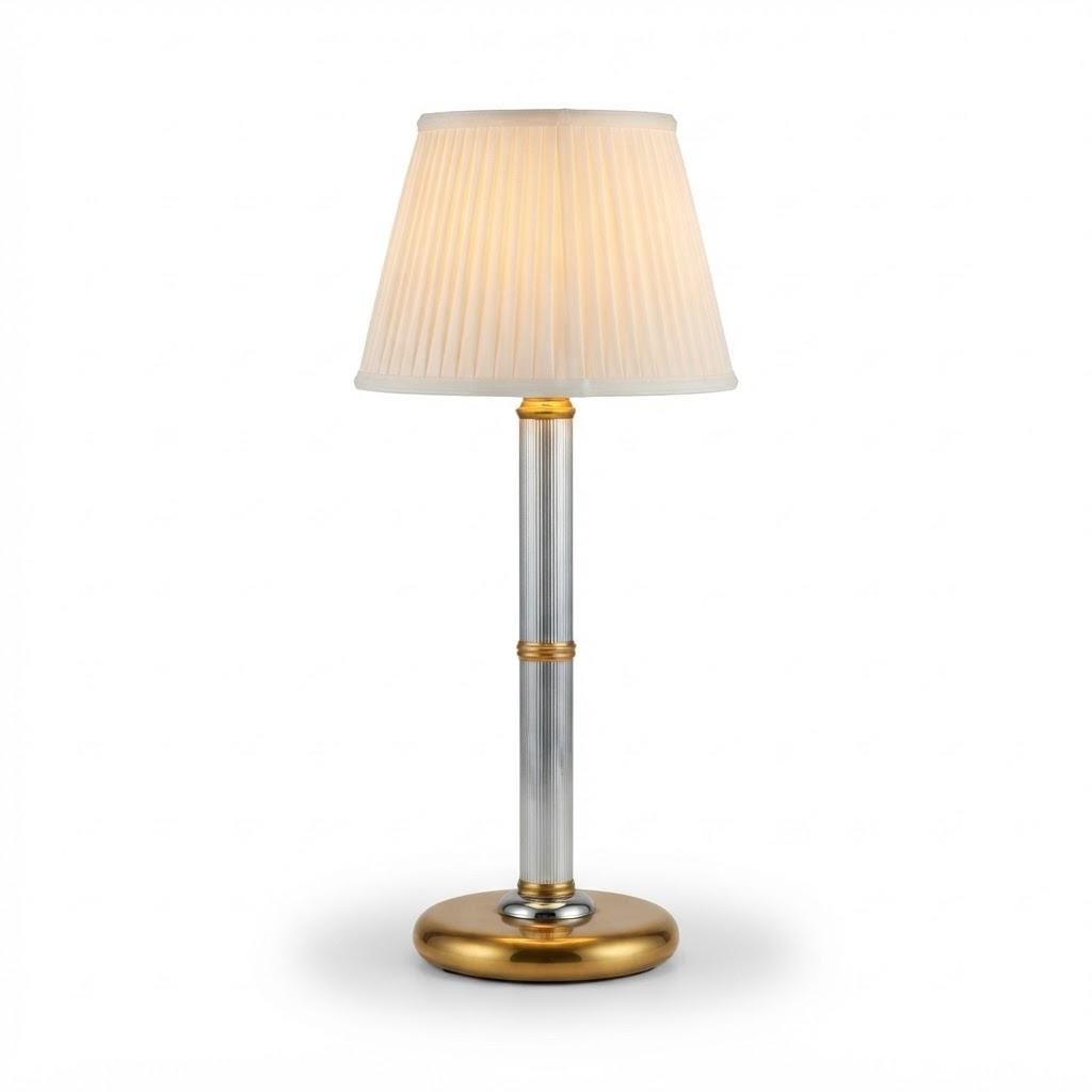 Hollywood Regency Table Lamp, Silver-Tone Ribbed Column with Gold-Tone Rings and Base, Two-Tone Metal Lamp Base