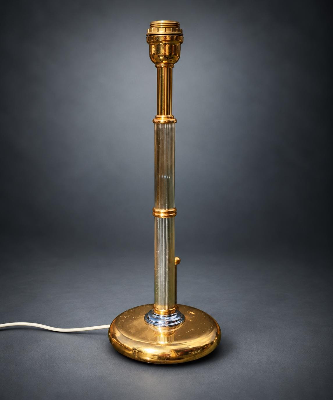 Hollywood Regency Table Lamp, Silver-Tone Ribbed Column with Gold-Tone Rings and Base, Two-Tone Metal Lamp Base