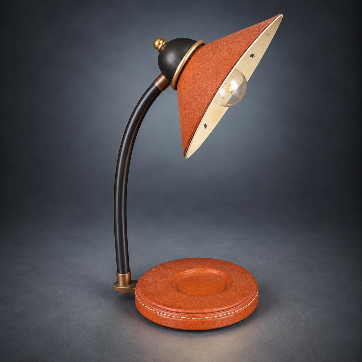 Desk Lamp with Stitched Tan Base and Textured Cone Shade, Dark Metal Curved Arm, Gold-Tone Accents, Classic Study Lamp
