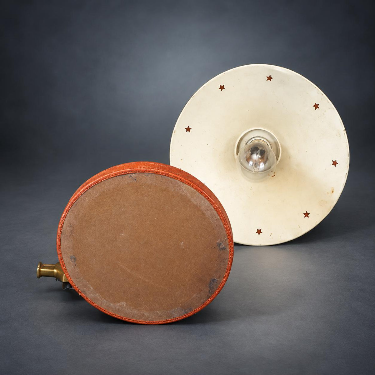 Desk Lamp with Stitched Tan Base and Textured Cone Shade, Dark Metal Curved Arm, Gold-Tone Accents, Classic Study Lamp