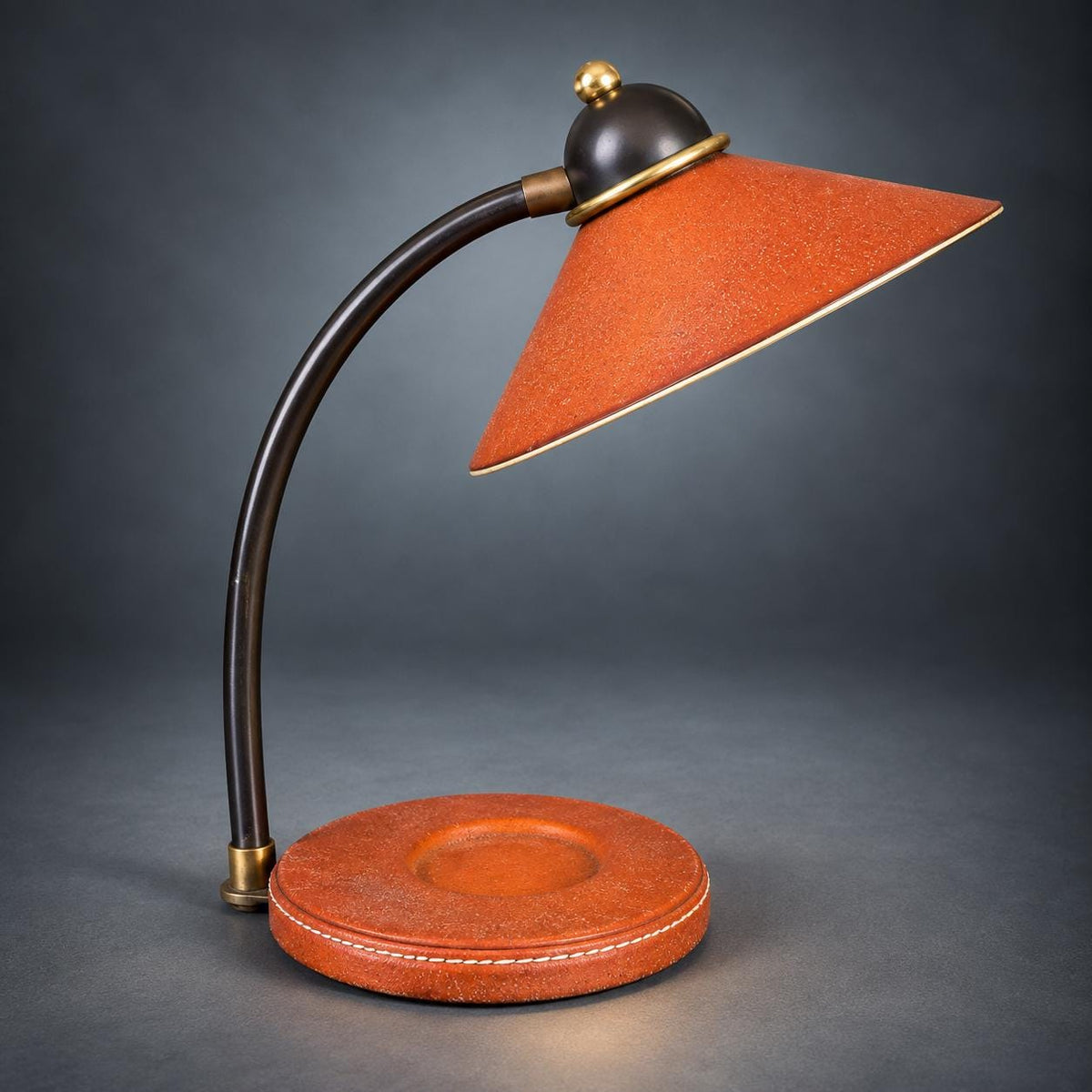 Desk Lamp with Stitched Tan Base and Textured Cone Shade, Dark Metal Curved Arm, Gold-Tone Accents, Classic Study Lamp