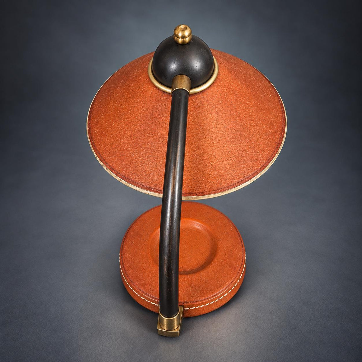 Desk Lamp with Stitched Tan Base and Textured Cone Shade, Dark Metal Curved Arm, Gold-Tone Accents, Classic Study Lamp