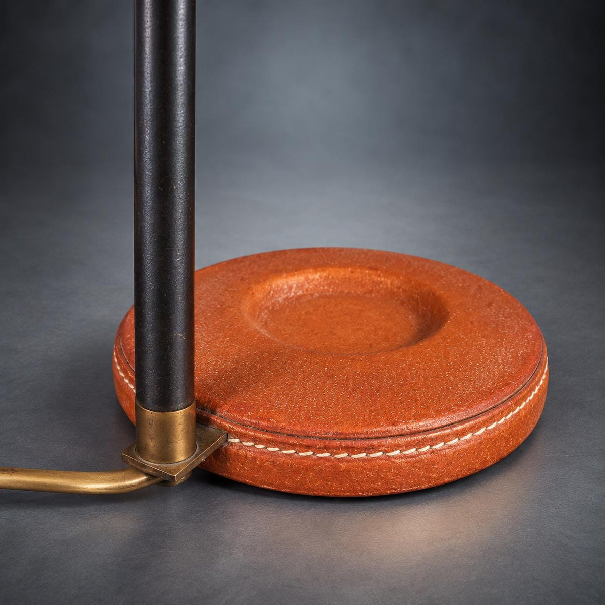 Desk Lamp with Stitched Tan Base and Textured Cone Shade, Dark Metal Curved Arm, Gold-Tone Accents, Classic Study Lamp