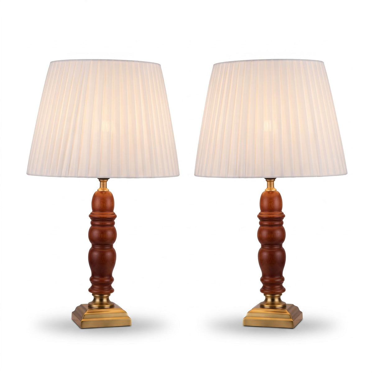 Pair of Turned Wood Table Lamps, Warm Wood Baluster Stems, Gold-Tone Stepped Square Bases, Classic Bedside Lamp Set