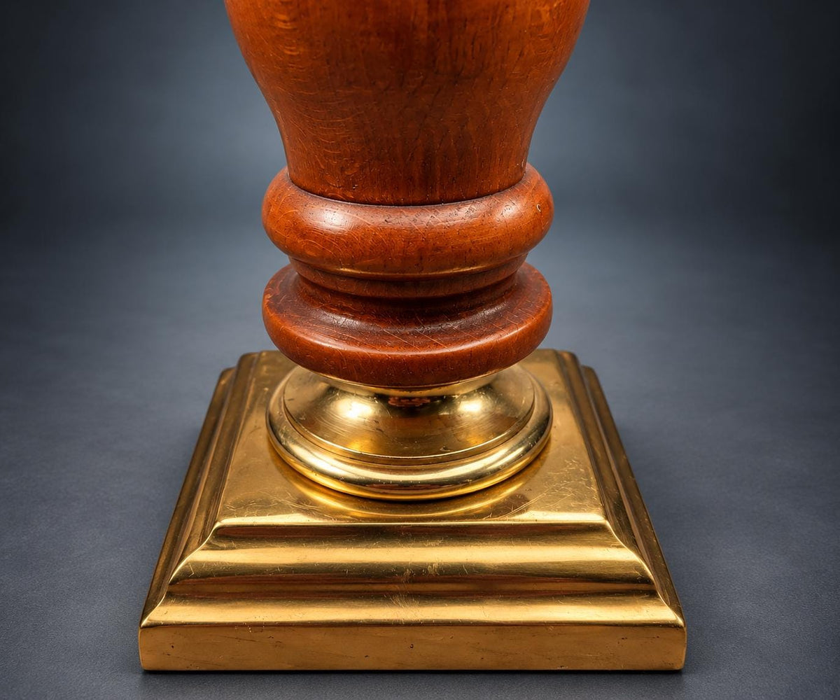 Pair of Turned Wood Table Lamps, Warm Wood Baluster Stems, Gold-Tone Stepped Square Bases, Classic Bedside Lamp Set