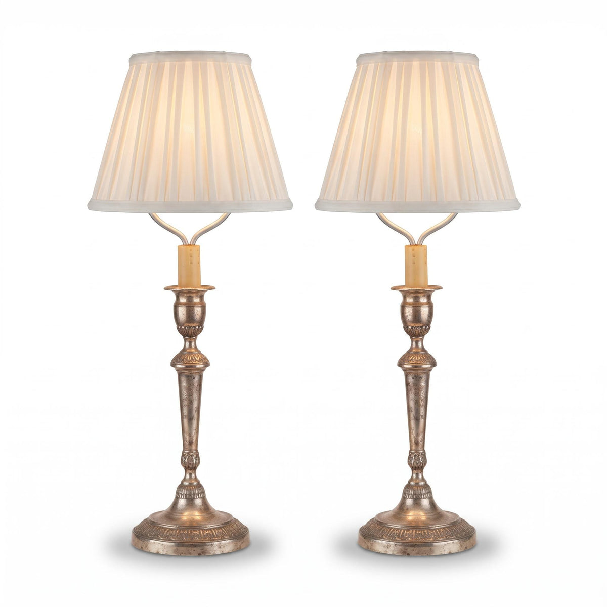 Pair of Candlestick Table Lamps, Silver-Tone Metal with Neoclassical Leaf Decoration, Candle Sleeves and Shade Harps