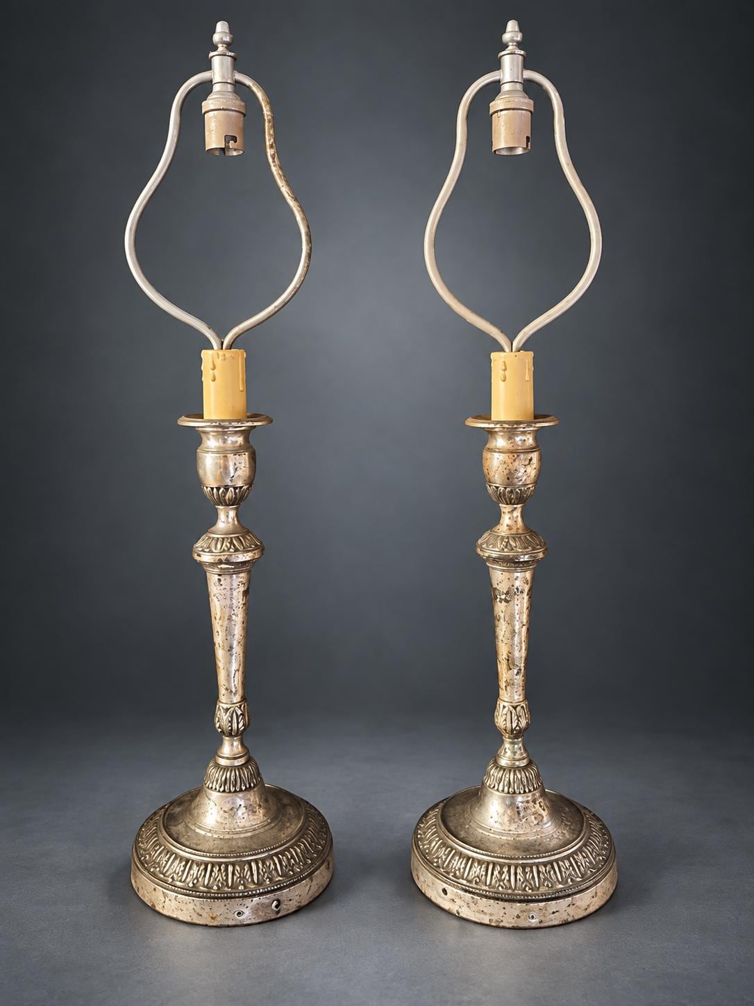 Pair of Candlestick Table Lamps, Silver-Tone Metal with Neoclassical Leaf Decoration, Candle Sleeves and Shade Harps