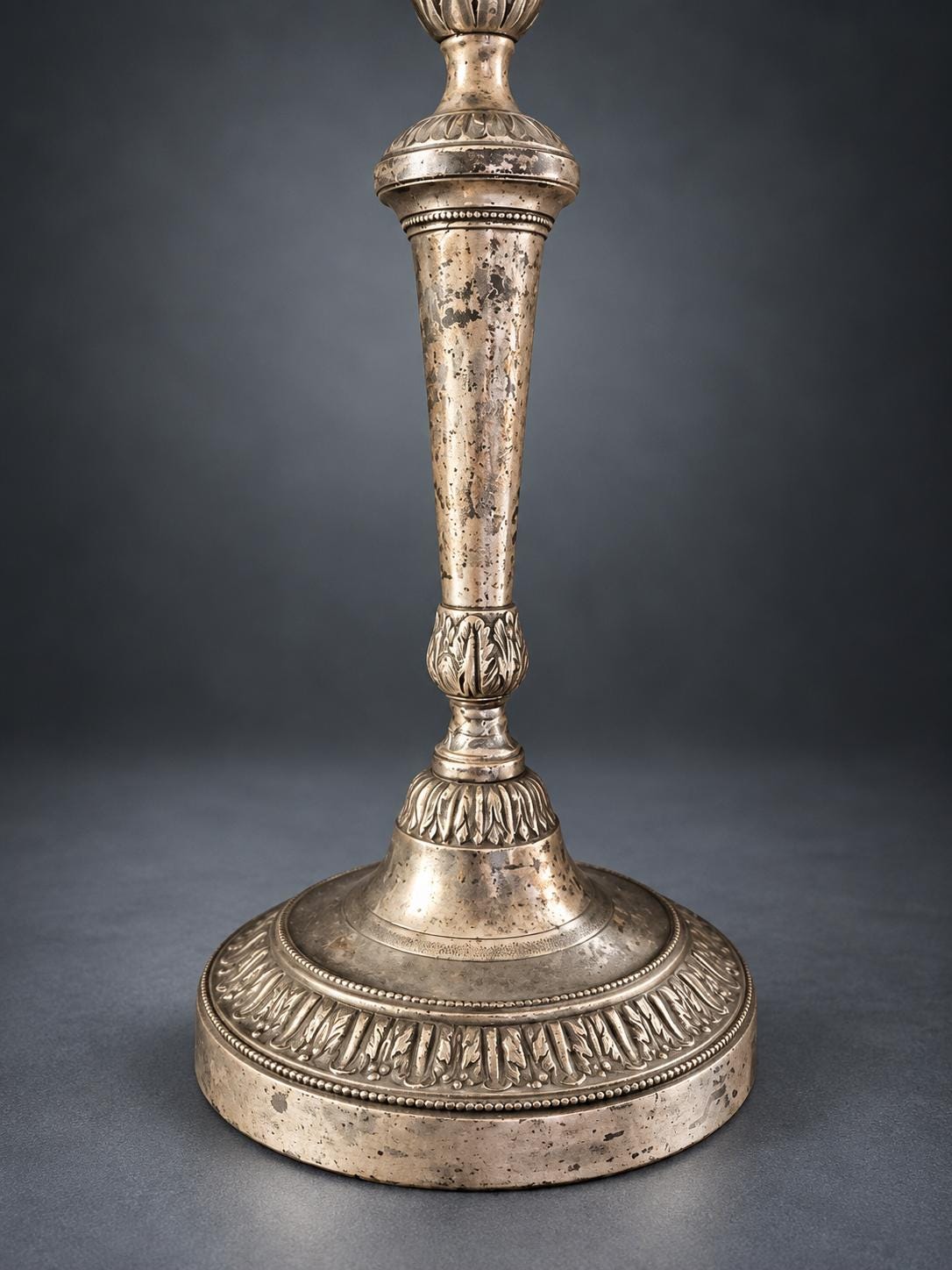 Pair of Candlestick Table Lamps, Silver-Tone Metal with Neoclassical Leaf Decoration, Candle Sleeves and Shade Harps