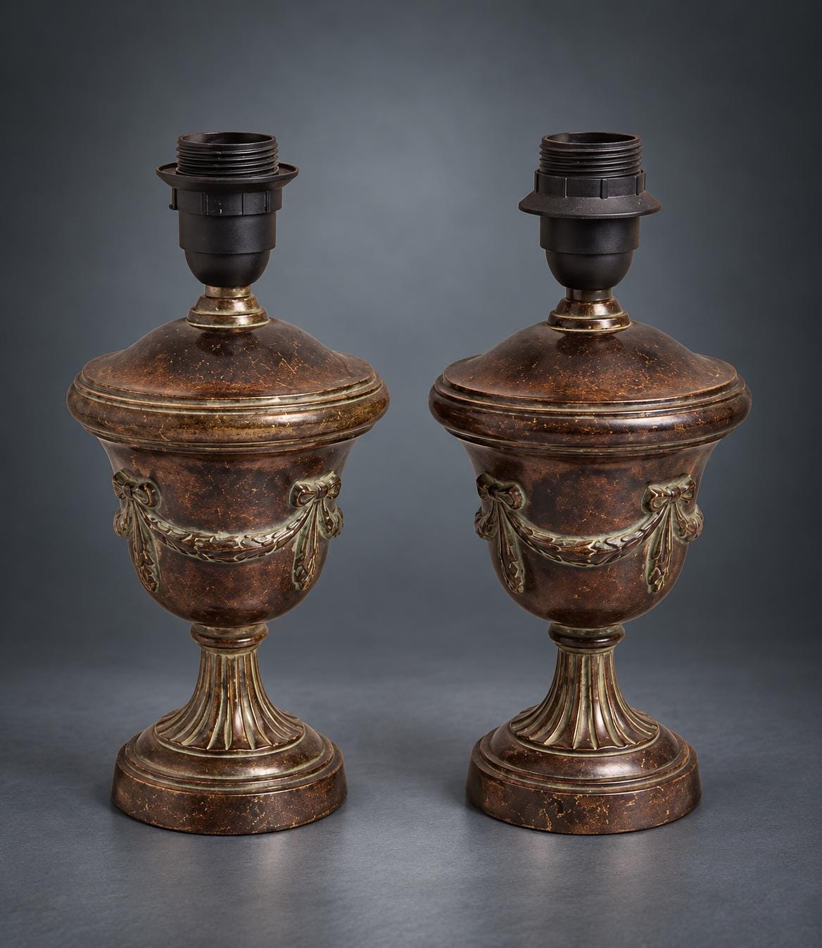 Pair of Urn-Shaped Table Lamps, Dark Patinated Finish, Garland Swags, Fluted Feet (Neoclassical Style)