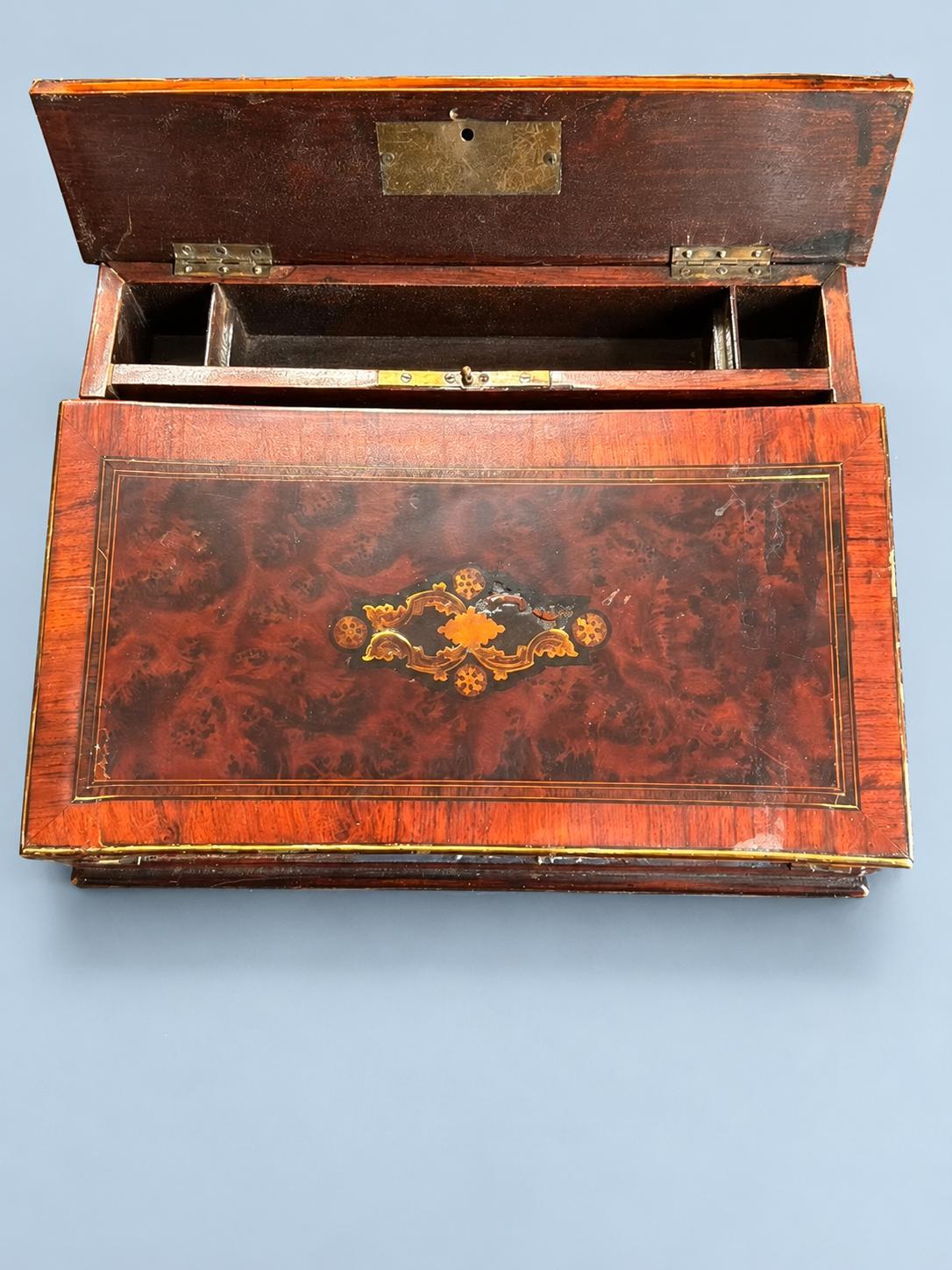 Vintage Napoleon III Style Writing Slope, Attributed 19th Century, Burl-Effect Veneer Travel Writing Box with Inlay, 33 cm