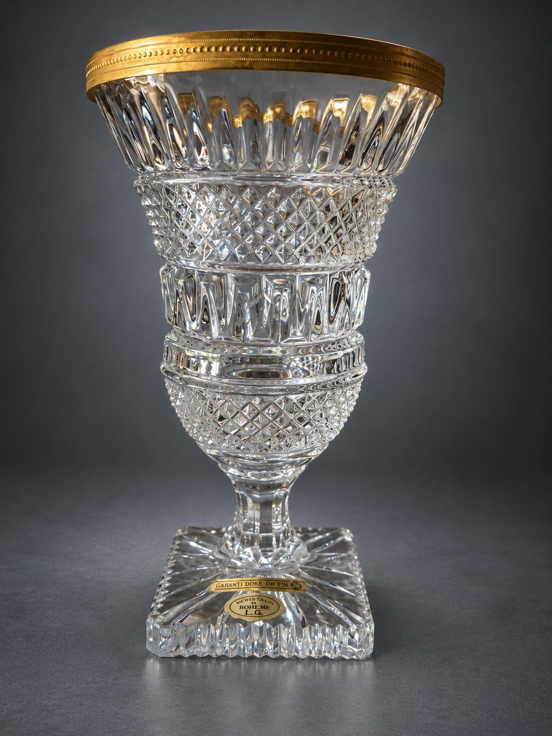 Bohemian Cut Crystal Vase with Gilt Rim, Diamond-Cut Urn Form on Square Sawtooth Base, Original Labels