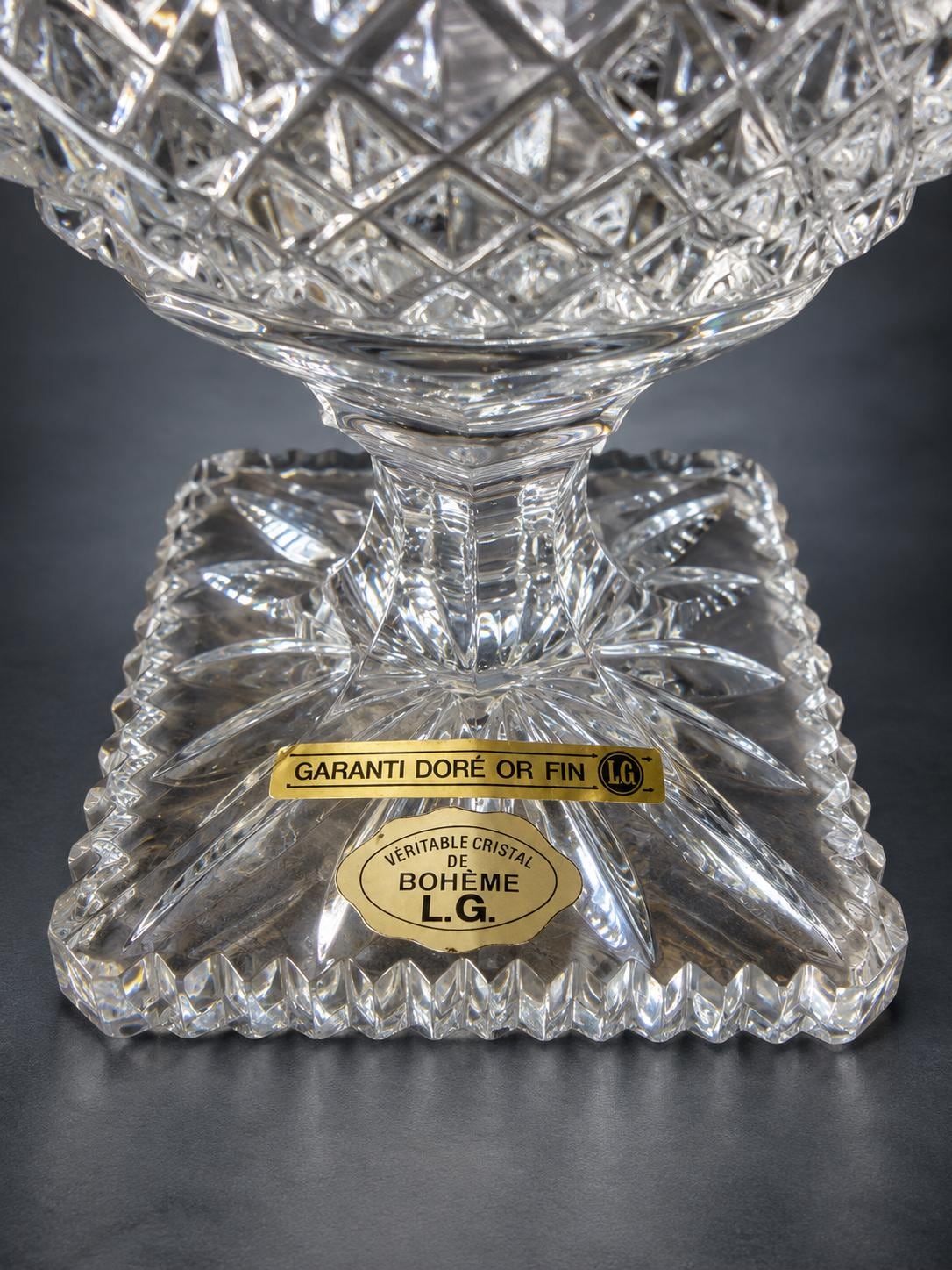 Bohemian Cut Crystal Vase with Gilt Rim, Diamond-Cut Urn Form on Square Sawtooth Base, Original Labels