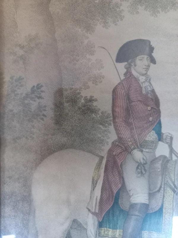 Set of Four Framed Equestrian Prints, Riders in Riding School Poses, Spanish Titles, Gold-Tone Frames Under Glass