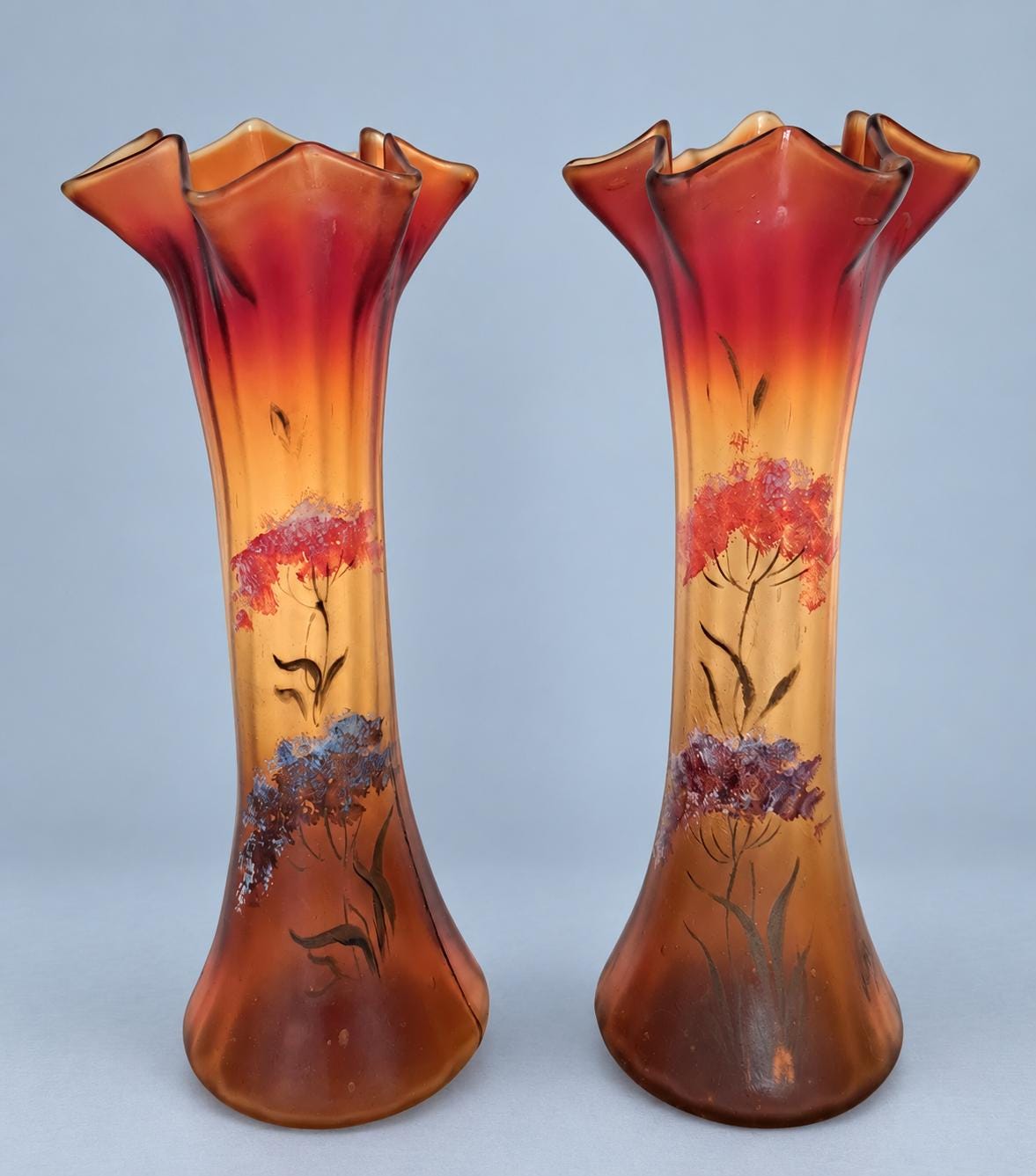 Vintage Pair of Art Nouveau Style Glass Vases, Attributed c. 1900, Amber to Red Frosted Glass with Painted Flowers, 20 cm