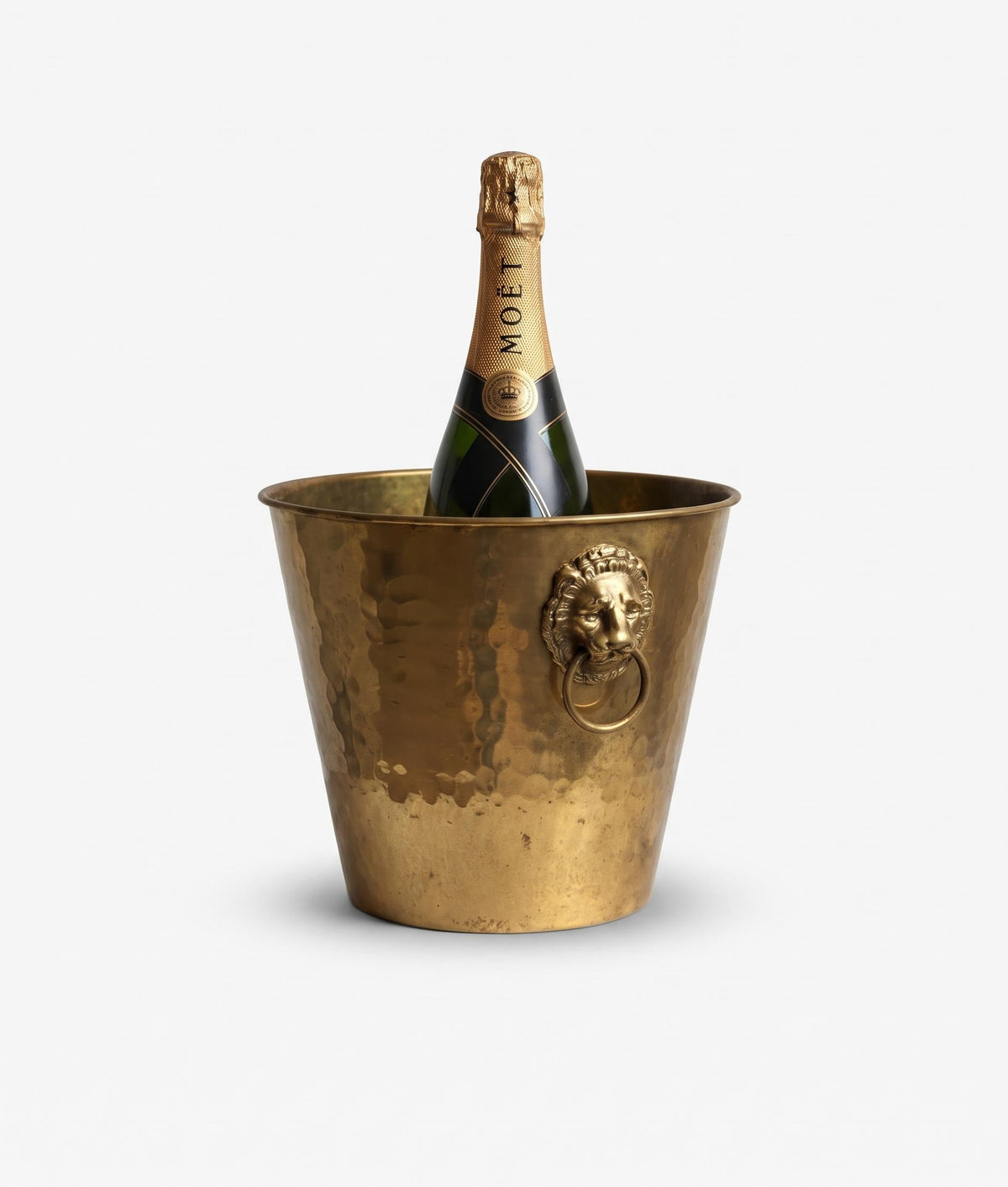 Vintage Hammered Brass-Tone Champagne Bucket with Lion Mask Ring Handles, Hollywood Regency Style