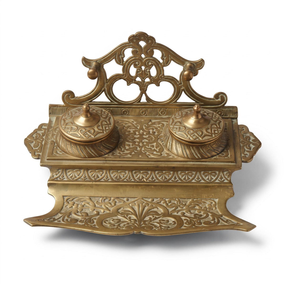 Antique Renaissance Revival Style Double Inkwell Desk Stand in Brass-Tone Metal with Pen Tray