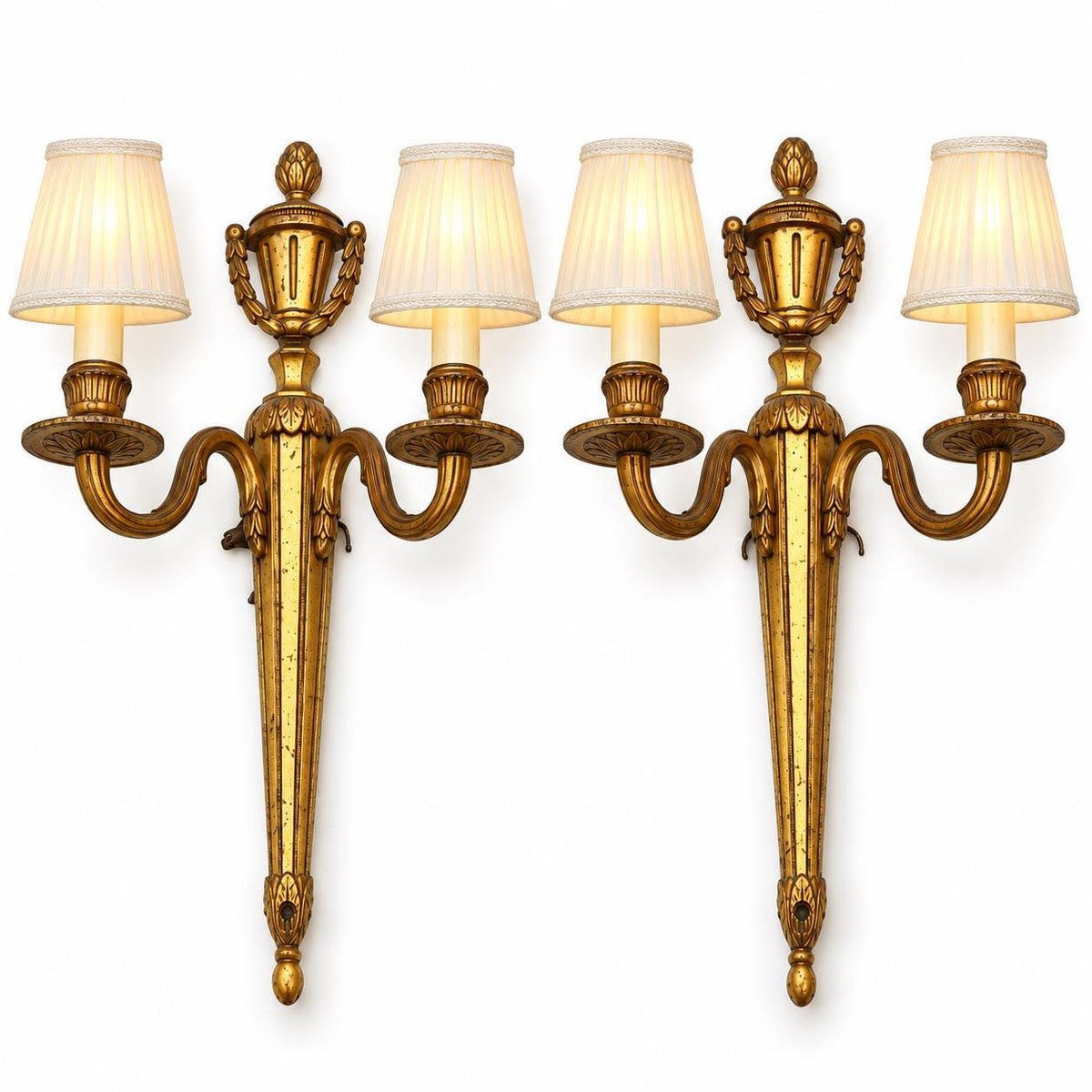 Vintage Pair of Louis XVI Style Gilt Metal Two-Arm Wall Sconces with Urn and Garland Crest