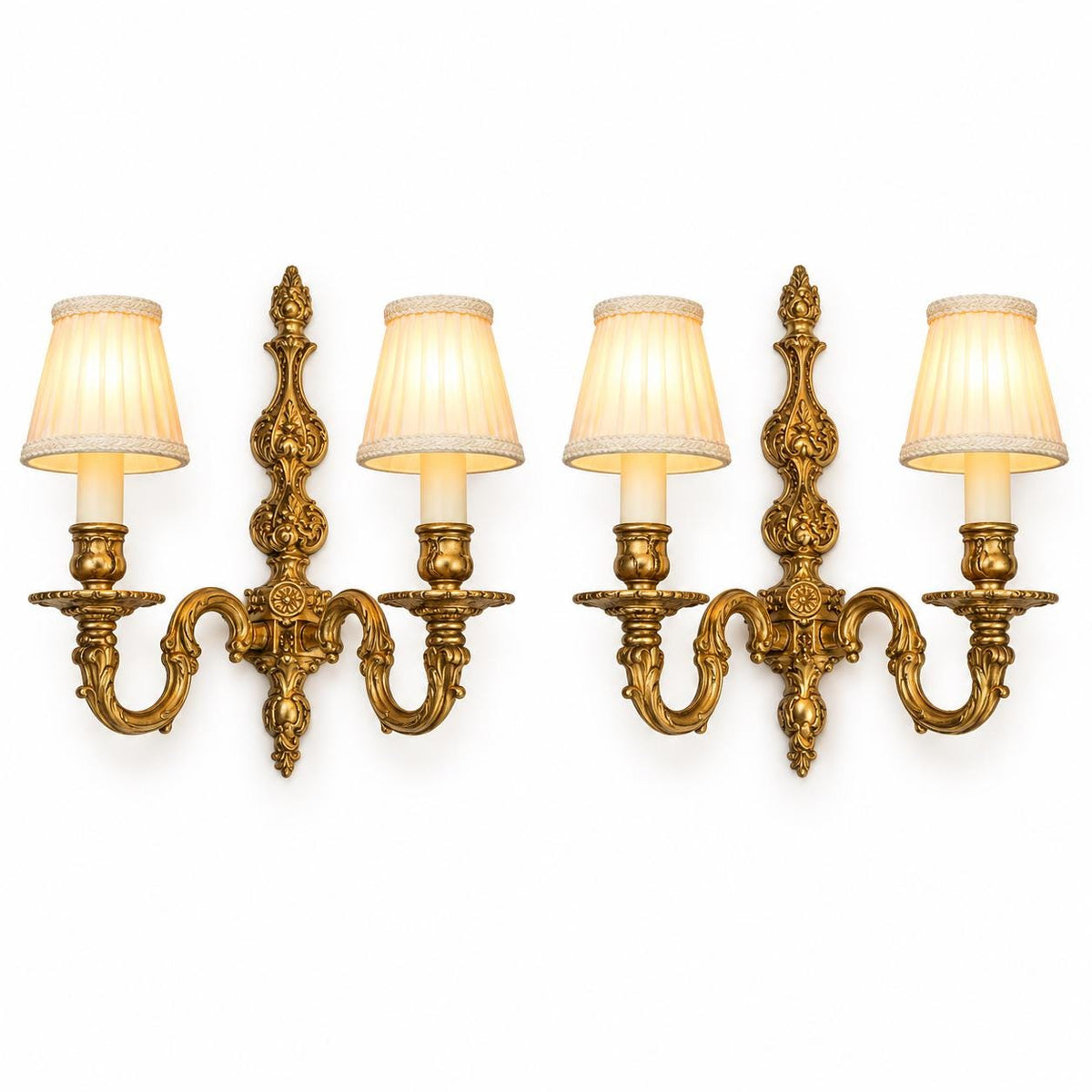 Vintage Pair of Small Louis XV Style Gilt Metal Two-Arm Wall Sconces with Scrolled Arms