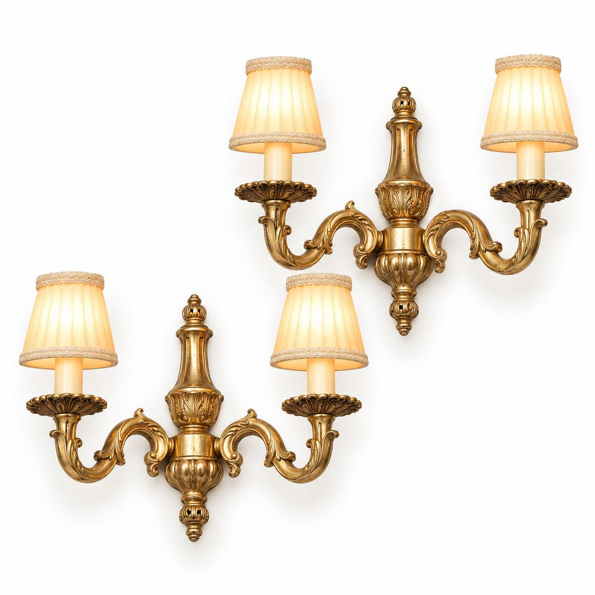 Vintage Pair of Louis XV Style Brass-Tone Two-Arm Wall Sconces with Baluster Stem