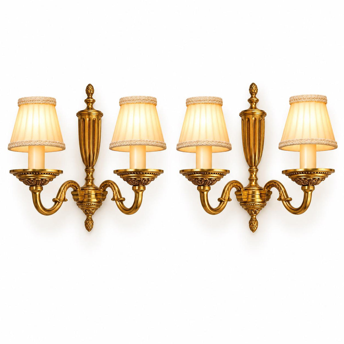 Vintage Pair of French Louis XVI Style Gilt Metal Two-Arm Wall Sconces with Fluted Urn Column